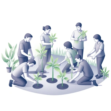 A group of volunteers engaged in planting young saplings at an outdoor event. Each volunteer is kneeling or standing beside a freshly dug hole in the soil, carefully positioning the saplings. Some individuals are holding small gardening tools, while others are pouring water into the holes or removing protective packaging from the young plants. Surrounding them are various green plants and trees, creating a natural setting for the Earth Day celebration. The volunteers are wearing casual clothes and are focused on their task, showcasing a sense of teamwork and commitment to environmental care.