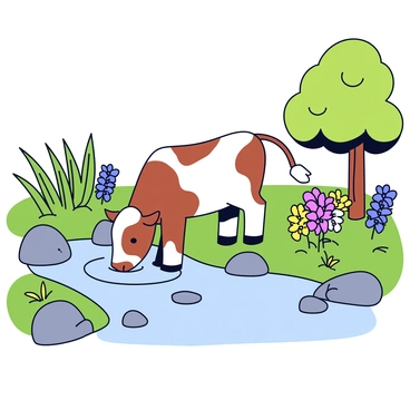 A two-headed calf with brown and white patches is drinking water from a clear stream. The stream is gently flowing over smooth rocks. Surrounding the stream is lush greenery, including tall grass and vibrant bushes. There are a few wildflowers in various colors scattered throughout the landscape. The sunlight filters through the leaves of nearby trees, casting soft shadows on the ground.
