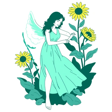 A teal vintage angel with delicate wings is gracefully positioned among tall yellow sunflowers in a bright summer garden. The angel is wearing a flowing white gown that billows gently in the breeze. Sunlight filters through the petals of the sunflowers, creating a warm glow around the scene. The garden is lush, with vibrant green leaves and a soft blue sky overhead, enhancing the overall brightness of the summer atmosphere.
