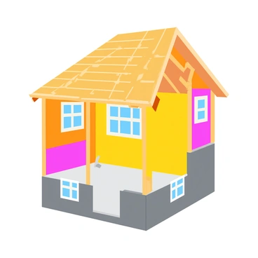 A cutaway view of a home displaying its interior structure. The walls reveal multiple layers of insulation, including fiberglass batts and foam board, clearly defined in contrasting colors. The roof section shows additional insulation, visible between roof rafters, along with a layer of plywood sheathing. The layout includes windows and doors, highlighting how insulation fits around these openings. All elements are depicted with clear edges and textures, emphasizing the different materials used in construction.