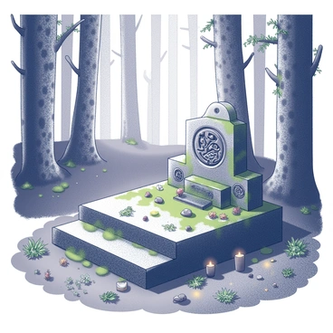 An ancient stone altar partially covered in moss sits in a dense forest. The altar features intricate, carved ritualistic symbols, depicting various figures and patterns. Surrounding the altar are small offerings such as dried herbs, stones, and faded flowers, arranged neatly in a circle. Sunlight filters through the treetops, casting dappled shadows on the ground, enhancing the mysterious atmosphere of the hidden location. Tall trees frame the scene, their trunks textured with rough bark and leaves rustling softly in the breeze.