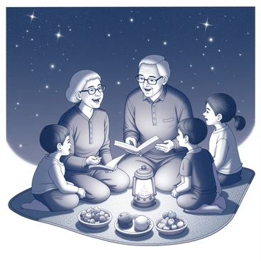 Two elderly individuals sitting closely together on a large woven rug. They are sharing stories with animated expressions, their faces illuminated by the soft light of a nearby lantern. Family members of various ages surround them, listening intently with expressions of interest and joy. The scene takes place under a deep night sky filled with countless stars, creating a beautiful backdrop. Various traditional foods and fruits are laid out on the rug, symbolizing the celebration, and there are hints of warmth and connection within the gathering.
