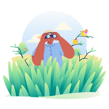 A person with light brown skin is standing in a field filled with tall, green grasses that sway gently in the breeze. They are holding a pair of binoculars up to their eyes, intently observing birds perched on nearby branches. The person is wearing a wide-brimmed hat and a light blue shirt, which contrasts with the vivid colors of the grass. In the background, a few small trees dot the landscape, and a blue sky with fluffy white clouds can be seen above. The sun casts soft shadows on the ground, highlighting the details of the scene.