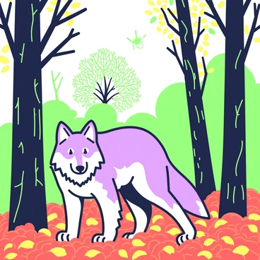 A grey wolf is standing on a bed of fallen leaves in a dense forest. The wolf is looking intently forward, showcasing its sharp features and fur. Surrounding the wolf are tall trees with textured bark, their branches extending overhead. The ground is covered with a mix of red and gold leaves, creating a natural carpet beneath the wolf’s paws. Sunlight filters through the tree canopy, casting dappled shadows on the forest floor. In the background, additional trees can be seen, some with bare branches while others still hold onto their colorful foliage.