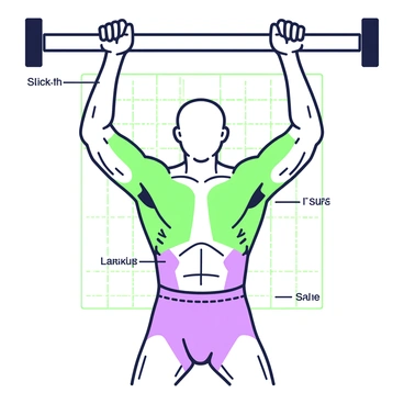 A detailed diagram illustrating the human musculature engaged during a pull-up exercise. The figure displays a person in the pull-up position, grasping a horizontal bar above their head with an overhand grip. Key muscle groups are clearly labeled, including the latissimus dorsi, biceps brachii, and trapezius. The arms are shown flexed, and the shoulders are elevated, highlighting the engagement of the upper body. The core muscles are also emphasized to show support during the movement. A grid background aids in providing a structured view of the musculature involved.