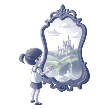 A girl stands in front of a large, ornate mirror. She gazes intently into the reflective surface. The mirror is framed with intricate carvings that showcase whimsical designs. In the reflection, a fantasy realm unfolds, featuring lush rolling hills and fantastical creatures. A vibrant castle can be seen in the distance, surrounded by shimmering waterfalls. The sky in the reflection is filled with imaginative clouds floating above, creating a dreamlike atmosphere. The girl appears fascinated and captivated by the enchanting world before her.