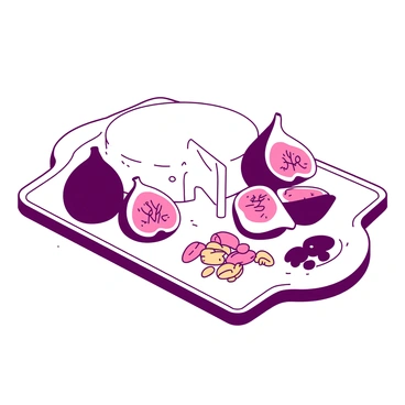 A white gourmet cheese platter is elegantly arranged with various types of cheese, including a round brie and sharp cheddar. Several ripe, dark purple figs are placed next to the cheeses, their cut sections revealing a rich, pink interior. Surrounding the cheeses and figs, there is a scattering of mixed nuts, including walnuts and almonds, adding texture and contrast to the display. The platter itself is set on a wooden table, enhancing the rustic charm of the presentation.