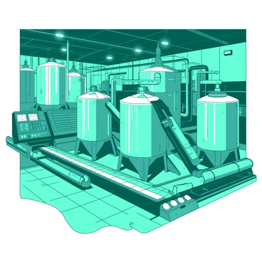 A teal industrial palm oil processing facility filled with large silver tanks and complex machinery. The scene showcases several towering tanks that are round and shiny, reflecting the surrounding environment. The machinery includes conveyor belts and pipes, all connected and working together to process palm oil efficiently. In the background, there is an array of control panels with various buttons and screens displaying operational data. The floor is covered with a mix of tiles and metal grating, highlighting the industrial setting. Bright overhead lights illuminate the entire facility.