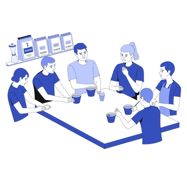 A group of baristas is gathered around a large wooden table, each holding a small tasting spoon. They are engaged in a coffee cupping session, sampling various brews. Several clear glass cups filled with coffee are placed in front of each barista, displaying different brews. The baristas have focused expressions as they lean in to inhale the aromas, some swirling the coffee in their cups. In the background, there are bags of different coffee beans, labeled with their origins, and brewing equipment arranged neatly on a shelf. The atmosphere conveys a sense of professionalism and passion for coffee.