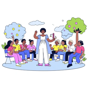 A figure representing "Themis," the personification of justice, stands in the center of a bright, open plaza. Themis has an elegant gown and is holding a pair of balanced scales in one hand, symbolizing fairness. Surrounding her is a diverse group of people, including individuals of various ethnicities, genders, and ages, all looking towards her with expressions of hope and determination. The plaza is surrounded by trees and blooming flowers, and there are benches where people are seated, engaging in conversation. The sky is clear, and sunlight bathes the scene, creating a lively and inviting atmosphere.