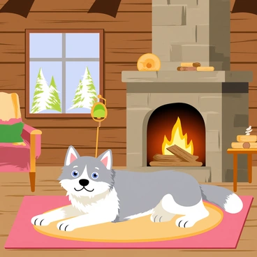 A fluffy husky with striking blue eyes is lying on a woven rug in front of a warm fireplace. The husky has a thick gray and white coat, and it is sprawled comfortably with its paws stretched out. The rustic cabin has wooden walls and a ceiling made of exposed beams. Flickering flames in the stone fireplace cast a cozy glow across the room, illuminating a few scattered logs and a small coffee table nearby. A large window shows a snowy scene outside, with pine trees dusted with snow. A few decorative items, like an old lantern and a warm blanket draped over a chair, enhance the inviting atmosphere.