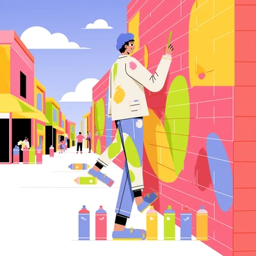 A street artist is painting a colorful mural on a large brick wall. The artist has bright blue hair and is wearing a paint-splattered smock. The mural features abstract shapes and vivid colors, including shades of red, yellow, and green. Nearby, several spray paint cans in various colors are scattered on the ground. The background includes a bustling street with pedestrians and vibrant storefronts. A sunny sky with fluffy white clouds is visible above the scene.