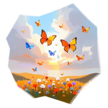 A dreamscape featuring a vast sky filled with numerous butterflies. The butterflies exhibit a variety of colors, including vibrant orange, soft blue, and bright yellow, and they are flying in intricate patterns that weave through the clouds. Below the sky, a gentle landscape of rolling hills can be seen, dotted with wildflowers in various shades. The butterflies seem to dance together, creating a mesmerizing display in the air, while the sun casts a warm glow over the entire scene.