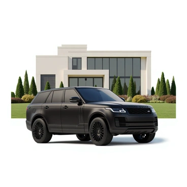 A black Range Rover with a sleek design is parked in front of a modern luxury mansion. The mansion features large glass windows and a flat roof, showcasing a contemporary architectural style. The exterior is painted in a light neutral color with bold geometric shapes. Surrounding the mansion is a manicured lawn with perfectly trimmed grass and ornamental shrubs. There are a few decorative trees strategically placed on the property, enhancing the elegance of the scene.