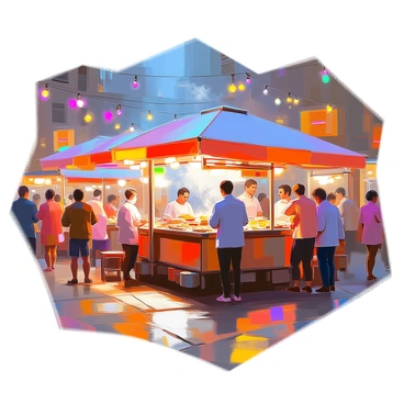 A bustling street food market at night filled with various food carts offering a wide array of culinary delights. Each food cart is brightly illuminated with colorful lights, creating a vibrant atmosphere. The scene includes people of diverse backgrounds enjoying the food, while some are queuing up at the carts. Strings of bright lights are hanging overhead, casting a warm glow over the market. The ground is a mix of cobblestones and pavement, with scattered tables and chairs for customers to sit and enjoy their meals. The vendors are actively serving dishes, with aromatic steam rising from the cooking areas.