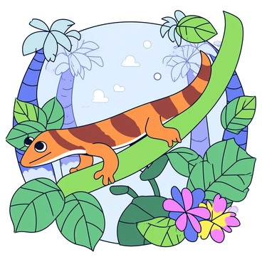 A crested gecko with vibrant orange and brown coloring is climbing along a thick green branch. The gecko's large, expressive eyes are focused as it carefully navigates its way. Surrounding the gecko are lush, broad leaves, some with water droplets clinging to them. A soft mist hangs in the air, creating a sense of depth and a slightly hazy atmosphere. In the background, tall trees with textured bark and thick foliage rise, adding to the dense rainforest setting. Brightly colored flowers peek through the greenery, providing pops of color amidst the green.