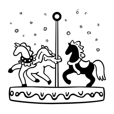 Carousel horses adorned in intricate winter attire, featuring decorative blankets and shimmering scarves, are positioned on a circular carousel. The horses are in various poses, some rearing up while others stand gracefully. Snowflakes are gently falling around them, creating a whimsical atmosphere. The carousel itself is decorated with ornate designs, adding to the festive theme. The ground is covered in a light layer of snow, complementing the winter scene.