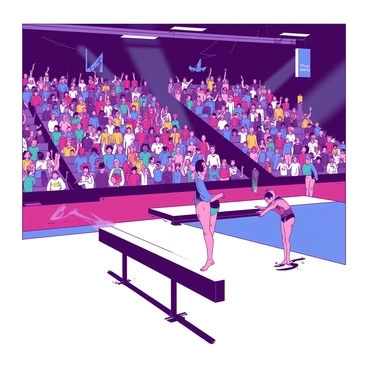 An enthusiastic crowd fills the stands at a gymnastics competition, with spectators cheering and waving colorful banners. Bright lights illuminate the venue, casting vibrant shadows on the floor. Gymnasts in colorful leotards prepare for their routines, showcasing their skills and determination. The air is filled with palpable excitement as the audience eagerly anticipates each performance. In the foreground, a gymnast executes a flawless routine on the balance beam, displaying grace and focus.