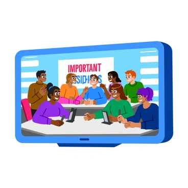 A large television screen displays a news panel featuring a diverse group of individuals representing various genders. Each person is seated at a modern, sleek table, with microphones in front of them. The panelists appear engaged, with animated expressions as they discuss important issues. The background of the television screen shows a colorful graphic with the words "Important Issues" in bold letters. The room is well-lit, adding a vibrant atmosphere to the scene.