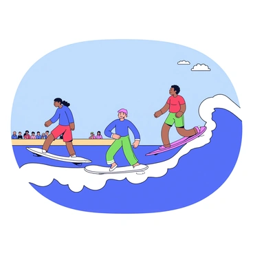 A group of surfers battling a series of gnarly waves during a contest