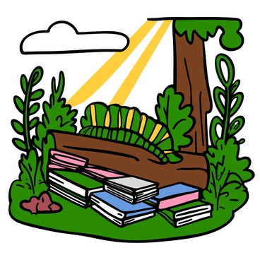 A caterpillar with bright green and yellow stripes is sitting on a moss-covered log in a lush forest. Around it, there are tiny books made of leaves stacked on the ground, resembling a miniature library. The caterpillar is curiously inspecting one of the leaf books, with its tiny front legs resting on the pages. Sunlight filters through the canopy, creating dappled patterns on the forest floor, while various plants and ferns surround the scene, enhancing the whimsical atmosphere of this enchanted library.