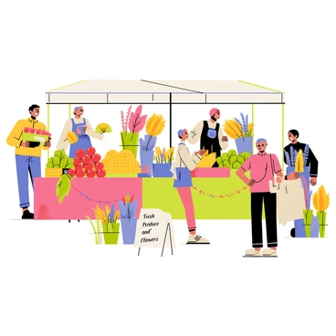 A bustling farmers’ market filled with a variety of colorful stalls. Each vendor is showcasing fresh produce, including vibrant red tomatoes, golden corn, and leafy greens arranged neatly. There are bouquets of bright flowers in various colors, such as yellow sunflowers and purple lavender, displayed prominently on the tables. Customers are interacting with vendors, some selecting items while others are engaged in conversation. The atmosphere is lively with people carrying bags filled with goods, and a small sign in the front reads "Fresh Produce and Flowers."