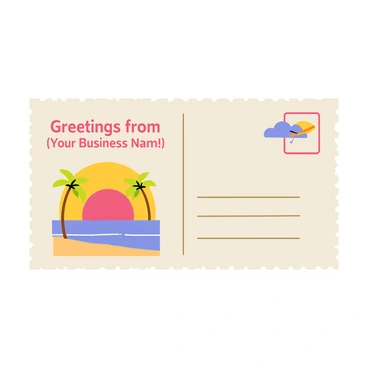 A business card designed like an old travel postcard. The business card has a faded beige background with decorative borders resembling vintage postcards. It features a colorful illustration of a sun setting over a beach, with palm trees framing the scene. In one corner, there is a stylized airplane flying above clouds. The text "Greetings from [Your Business Name]" is prominently displayed in a playful, retro font across the top. The bottom section includes contact information in a smaller, elegant font, maintaining the vintage aesthetic.