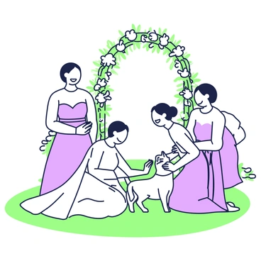A bride in a flowing white gown is playfully interacting with a small dog. She is kneeling on a soft grassy area, smiling as she pets the dog. Next to her, a bridesmaid in a matching dress is laughing while holding the dog's leash. In the background, there are decorative floral arrangements with white and green flowers set up for the wedding. A small archway adorned with greenery can be seen behind them. The scene conveys a lighthearted moment amidst the wedding preparations.