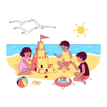 A group of children is building sandcastles on a beach with golden sand near the ocean. The bright sun is shining overhead, casting distinct shadows on the sand. One child is adding a flag made of a small piece of red cloth to the top of a tall sandcastle, while another child is decorating a smaller castle with seashells. In the background, gentle waves are lapping at the shore, and a colorful beach ball is lying nearby. Several seagulls are flying overhead, adding a lively element to the scene.