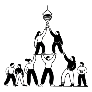 A group of women forming a pyramid structure, with each woman wearing traditional attire. The base consists of several women standing firmly, creating a strong foundation. As the pyramid rises, the women above are balancing carefully, reaching upwards toward a "dahi handi" pot suspended from above. The pot is decorated with intricate patterns. The scene conveys themes of strength and unity among the women, with some smiling and encouraging each other. There are onlookers in the background, cheering them on.