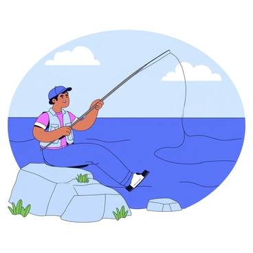 An angler perched on rugged seaside rocks, wearing a light blue fishing vest with pockets. The angler is holding a long fishing pole, casting it towards the open ocean. The water is a deep blue, with gentle waves lapping against the rocks. The sky above is clear with a few fluffy white clouds. The angler's expression is focused as they gaze into the distance, waiting for a bite. The shoreline is dotted with small patches of green seaweed.
