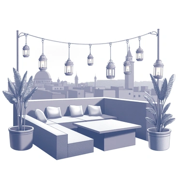 A rooftop terrace with a view overlooking the Marrakech medina. The terrace is adorned with several decorative lanterns that hang from metal hooks. There are comfortable seating arrangements consisting of plush cushions and low wooden tables. In the background, the iconic skyline of the medina features traditional buildings and minarets. The scene is set during the evening, creating a warm ambiance as the lanterns emit soft light. Potted plants with textured leaves are placed strategically around the terrace, enhancing the cozy atmosphere.