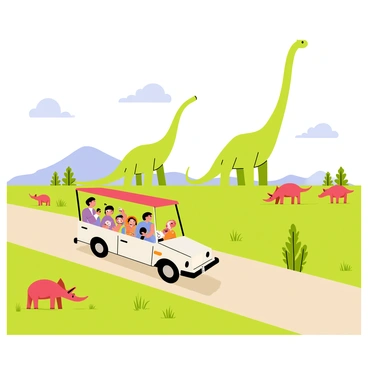 A safari tour vehicle navigating through a vast open savannah landscape. In the background, large dinosaurs such as a tall Brachiosaurus stretching its neck to reach the treetops and a herd of Triceratops grazing on the lush green grass. The sky is clear with a few fluffy clouds, and the sun casts soft shadows on the ground. Tourists inside the vehicle are observing in awe, pointing and taking pictures of the dinosaurs. Tall grasses and small bushes are scattered throughout the scene, adding to the natural environment.