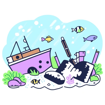A vibrant underwater scene features fish swimming around an artificial reef constructed from sunken shipwrecks. Several ship parts, such as a broken hull and rusted metal pieces, are positioned at different angles on the sea floor. Small schools of colorful fish dart through the openings in the wreckage, while larger fish glide elegantly nearby. Seaweed and corals grow from the ship's remains, adding texture to the environment. Sunlight filters down through the water, casting soft patterns on the sandy bottom, enhancing the sense of depth in the scene.
