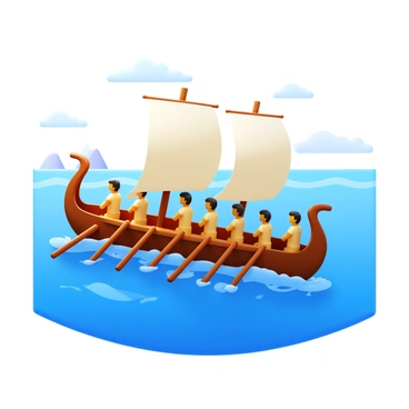 An ancient galley with a long, slender hull is navigating through the ocean. The ship features multiple rows of oarsmen, each wearing simple tunics, vigorously rowing in unison. The oars are long and made of wood, dipping rhythmically into the water, creating splashes. The sails are billowing in the wind, casting shadows on the deck. The sky is clear with a few wispy clouds, and the waves are gently lapping against the sides of the galley. In the distance, there are faint outlines of distant land on the horizon.