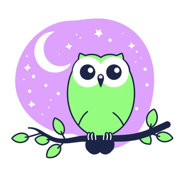 An owl with large, round eyes and intricate feather patterns is perched silently on a tree branch. The owl's body is poised and alert, showcasing its sharp beak. The tree branch extends horizontally, with various leaves scattered around it. In the background, a crescent moon glows softly, casting a gentle light over the scene. The night sky is filled with scattered stars, enhancing the tranquil atmosphere. The owl's gaze is directed downward, as if observing something below.
