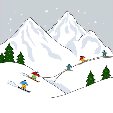 A vast snowy mountain landscape with tall, rugged mountains capped with thick snow. In the foreground, several skiers are gliding down smooth, white slopes, their colorful ski outfits contrasting against the snow. Snowflakes are gently falling from a light gray sky, creating a soft, magical atmosphere. Some skiers are performing turns, while others are racing down the hill, their skis leaving trails in the powdery snow. Pine trees dusted with snow are scattered throughout the scene, adding to the winter wonderland feel.