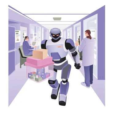 A robotic assistant transporting medical supplies in a futuristic hospital setting