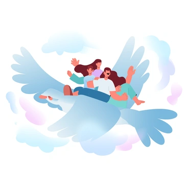 A group of children is riding on a large bird with vibrant feathers. The bird has an impressive wingspan and is soaring gracefully through fluffy white clouds. Each child is dressed in colorful clothing, their hair flowing in the wind. The sky is filled with soft pastel shades of blue, pink, and lavender. The sunlight casts a warm glow on the scene, enhancing the joyful atmosphere. The children are laughing and reaching out as they embrace the thrill of the ride.