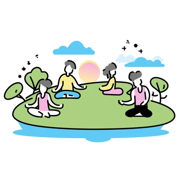 A floating island in the sky, with lush green grass covering its surface. Several people are practicing yoga in various poses, wearing comfortable clothing. The sunrise casts a warm orange and pink glow across the horizon. Gentle breezes cause the leaves of nearby trees to sway. In the background, fluffy white clouds float against a blue sky, completing the serene atmosphere.