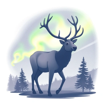 An elk stands in profile, its majestic antlers reaching upward. The figure is dark, creating a clear silhouette against the sky. The background features a dynamic display of the northern lights, with swirling patterns resembling waves of green and yellow light dancing across the night. The ground is dotted with shadows of trees, further enhancing the scene's depth and tranquility. The overall composition captures the grandeur of nature in a night setting.