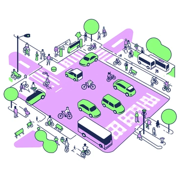 A bird's-eye view of a busy intersection filled with vehicles moving in perfect synchronization. Cars, buses, and bicycles traverse the intersection, following designated paths without hesitation. Pedestrians are seen waiting at crosswalks, while traffic lights display a clear signal for each direction. Surrounding buildings form a cityscape, and trees are positioned along the edges of the streets. Sidewalks are bustling with people, some sitting on benches, while others are engaged in conversation. The overall scene captures the organized flow of urban life.