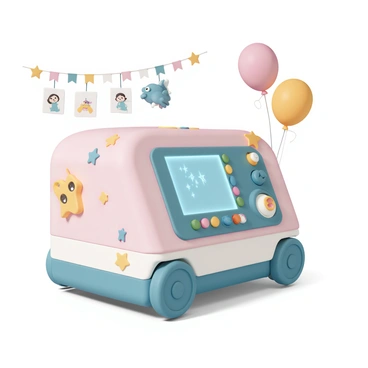 An illustration of a friendly ECMO machine with colorful, child-friendly features