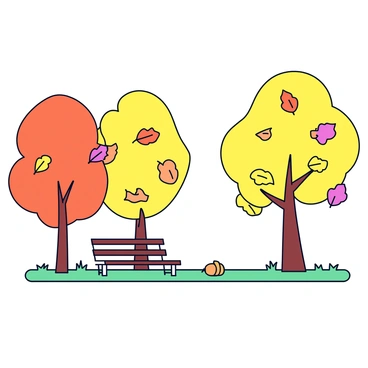 A flat illustration of a park during autumn. The scene features several trees with vibrant orange and yellow leaves. Some of the leaves are falling gently to the ground, creating a colorful carpet of foliage. In the foreground, there is a simple wooden bench under one of the trees. The grass is a soft green, contrasting with the bright colors of the leaves. There are a few scattered acorns on the ground, adding detail to the setting.