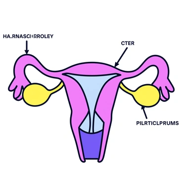 An illustration of the female reproductive system with clearly defined anatomical structures. The uterus is depicted in a vibrant pink color, while the ovaries are shown in a bright yellow. The fallopian tubes are illustrated in a light blue, connecting the ovaries to the uterus. The entire illustration features bold black lines outlining each component for clarity. Surrounding the reproductive system are labels indicating each part, rendered in a simple, clear font.
