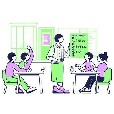 A group of students is gathered in a classroom, sitting at their desks. In the center of the room, a teacher is standing and explaining concepts related to saving money. The teacher is wearing a plaid shirt and glasses, holding a green chart that displays various savings goals. The students, three boys and two girls, are actively engaged, with one student raising a hand to ask a question. On the desks, there are notebooks and colorful pens, while a bulletin board in the background features posters about financial literacy. Sunlight streams through a window, creating a warm atmosphere.