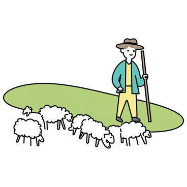 A shepherd, wearing a brown hat and a green jacket, stands confidently in the middle of a vibrant green pasture. He is holding a long wooden staff, guiding a flock of white sheep grazing on the lush grass around him. The sheep vary in size and shape, some with fluffy wool and others with slightly matted coats. The shepherd's expression is attentive, reflecting his role as a leader, while the sunlight casts gentle shadows on the ground, enhancing the peaceful atmosphere of the scene.