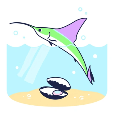 A sailfish is gliding gracefully through clear water. Its elongated body is streamlined, showcasing its vibrant fins as it moves with agility. Below the sailfish, an open oyster lies on the sandy seabed. The oyster is partially embedded in the sand, revealing a shimmering pearl nestled inside its shell. Tiny bubbles rise from the oyster, adding a sense of movement to the scene. Sunlight filters through the water, creating dappled patterns on the seabed, highlighting the elegance of the sailfish as it swims elegantly past the oyster.