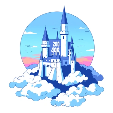 A majestic castle sits high in the clouds, its towering spires reaching towards the sky. The castle is constructed from a smooth white stone, giving it an ethereal appearance against the blue backdrop. Each tower of the castle is uniquely marked with large, bold numbers presented in expanded form, such as "300 + 40 + 5" on one tower and "70 + 6" on another. Fluffy white clouds surround the base of the castle, softly glowing in the light of the sun, while hints of orange and pink appear on the horizon, suggesting the approach of dawn. The entire scene is vibrant and full of wonder.