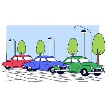 A row of classic vintage cars parked neatly along a cobblestone street. Each car has distinct features, such as rounded headlights and chrome details. The cars are painted in a variety of colors, including deep red, royal blue, and emerald green. The street is lined with simple trees and minimalistic lampposts, creating a nostalgic atmosphere. The scene captures a clear blue sky above, providing a bright backdrop for the cars.